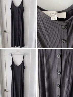 LOFT Charcoal Ribbed Button-Front Slip Maxi Dress